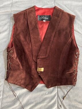 Siena Studio Brown leather Suede Vest with Red Lining and Brass Clasps Sz XS